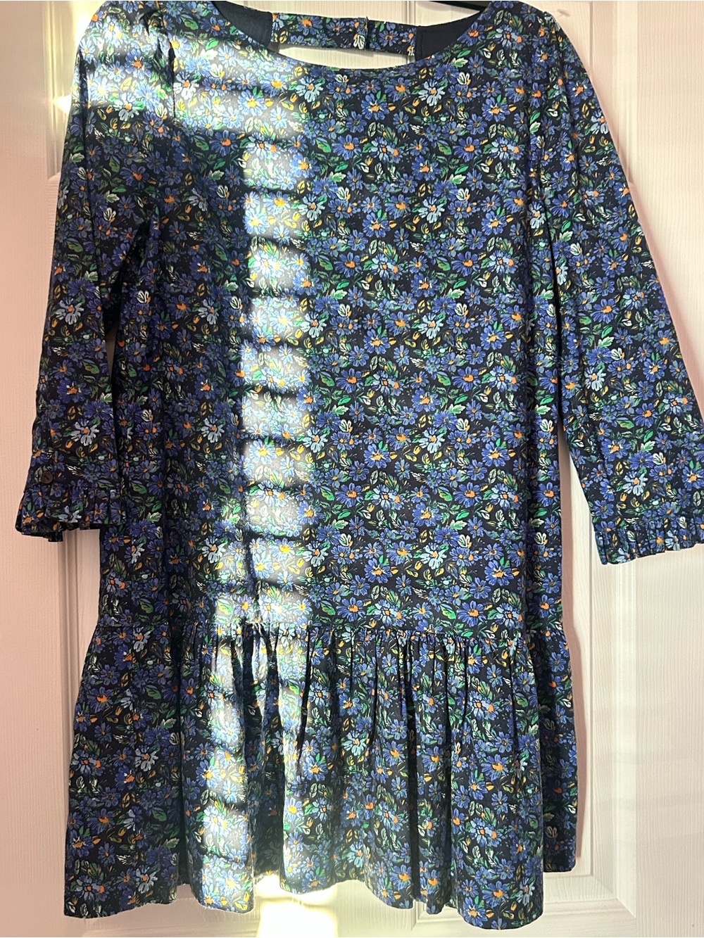 Free People Navy Blue Floral Ruffle-Hem Dress
